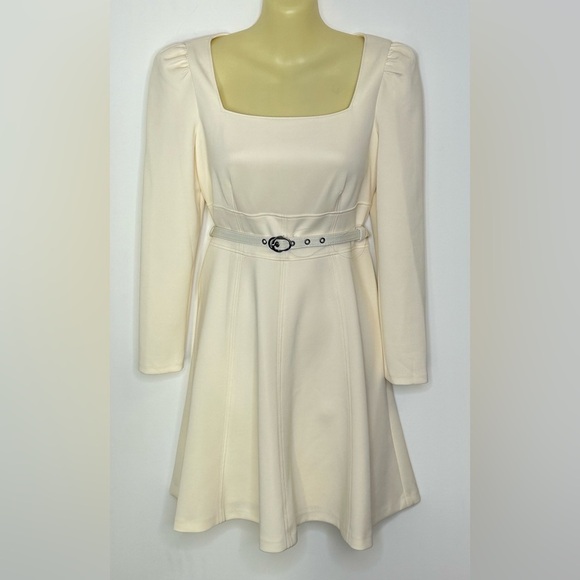 DKNY Cream Long Sleeve Belted Mini Dress Size 8P - Picture 1 of 10